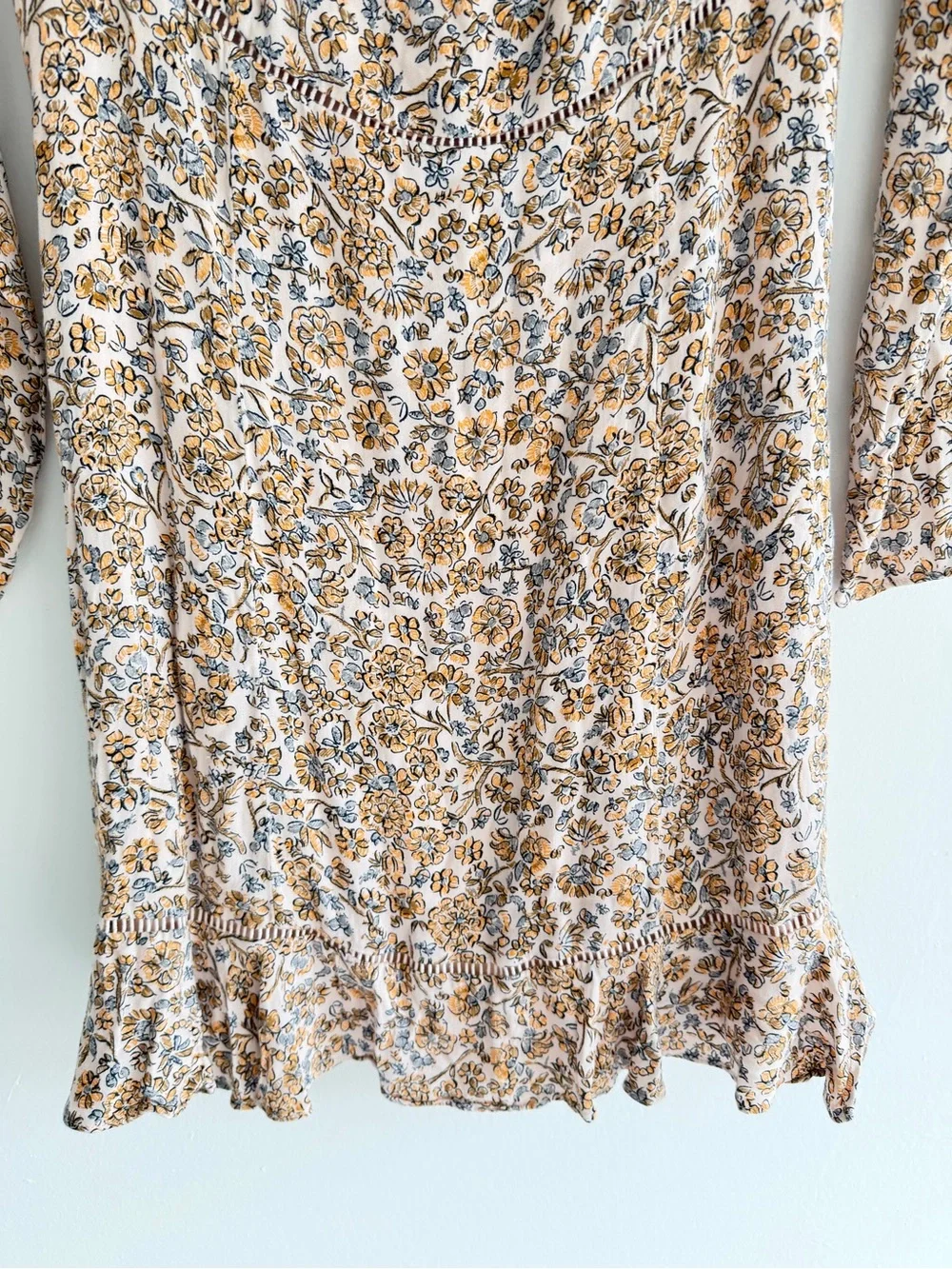 Free People Boheme Ivory Floral Long Sleeve Mini Dress Size 10 8888